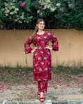 2pcs flower printed suit Stitched Suit Stone Winter linen Suit WINTER COLLECTION  (maroon)