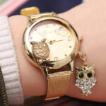 Fashion Owl Pendant Quartz Stainless Steel Mesh Belt Ladies Wrist Watch